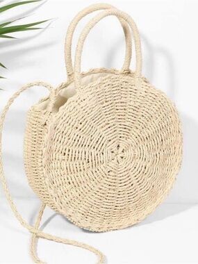 Woven Round Straw Tote Bag - Cream